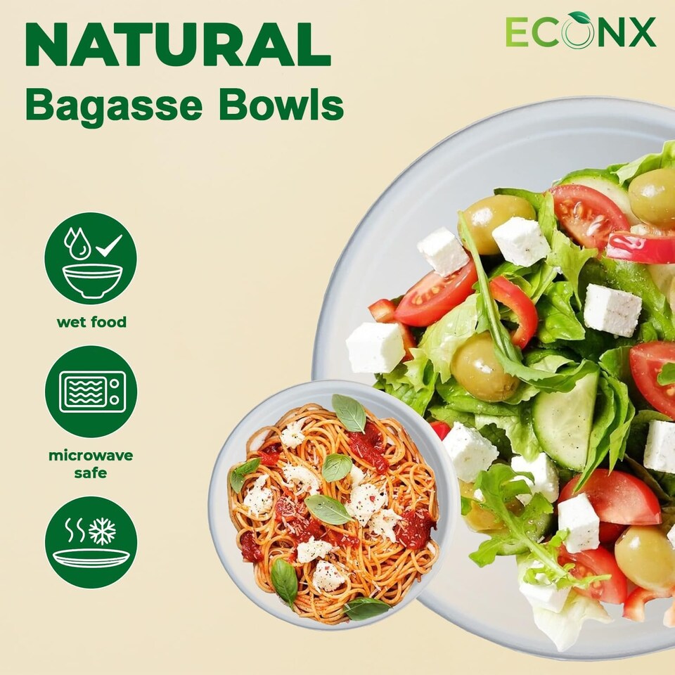 image 1 of ECONX 25Pcs Biodegradable Bagasse Bowls 24oz White Sugarcane Disposable Bowl
