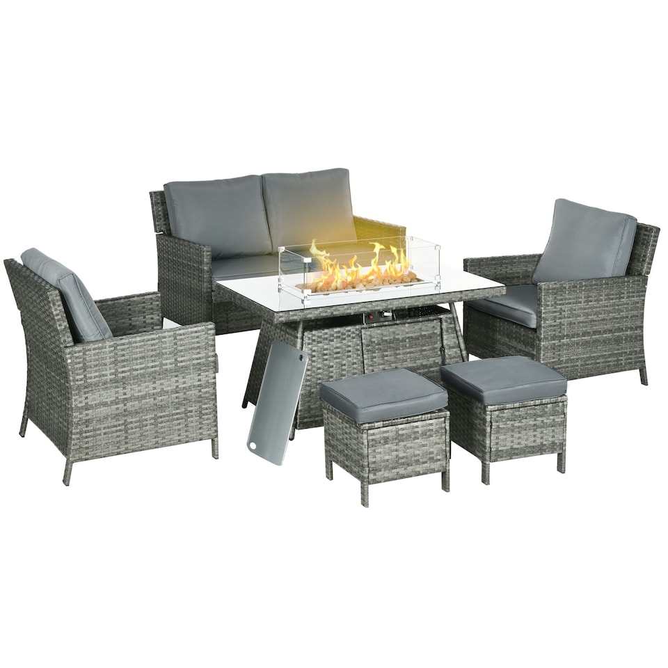 image 1 of Outsunny Rattan Garden Furniture Sofa Set Armchairs Fire Pit Table