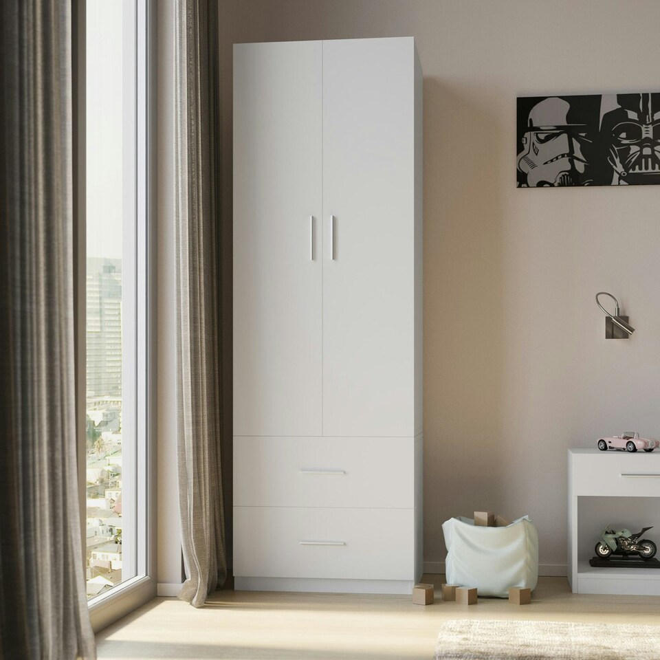 image 1 of White 2-Door 2-Drawer Wardrobe. Blue | Accent Colour: Blue