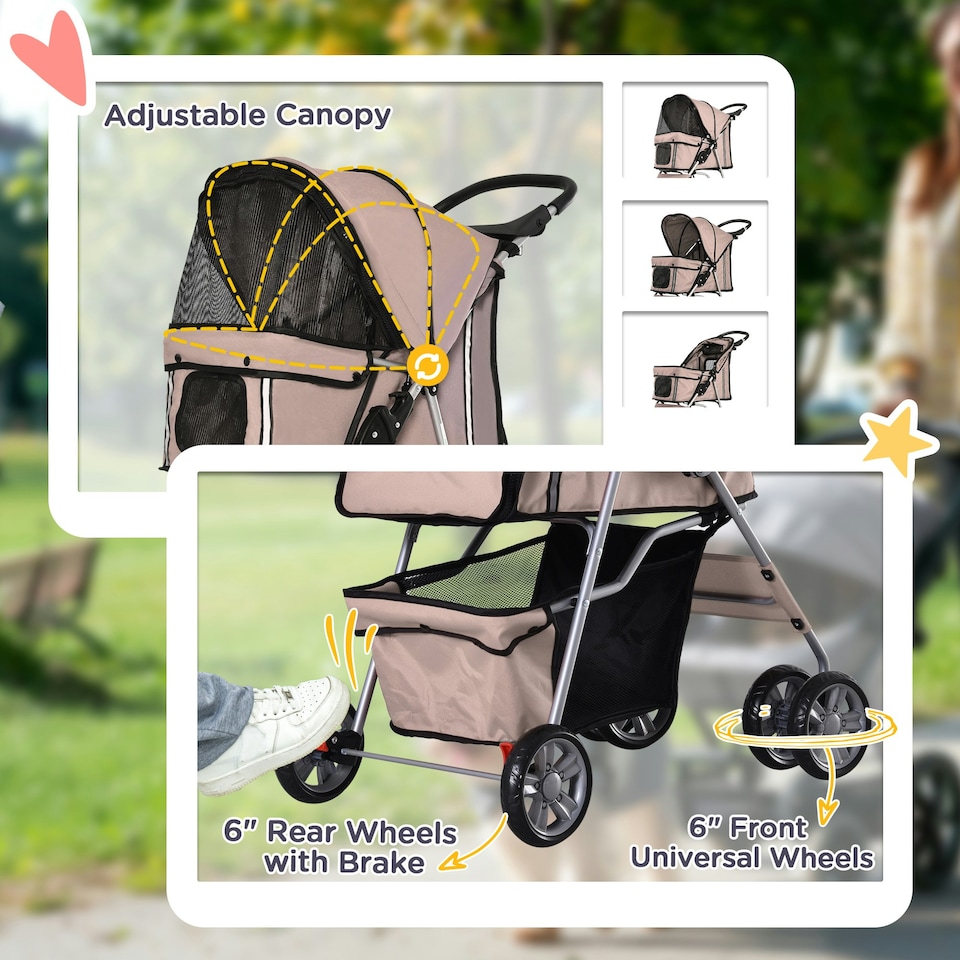 image 1 of PawHut Pet Stroller Carrier Foldable Deluxe Jogger Walk Travel Dog Cat Brown