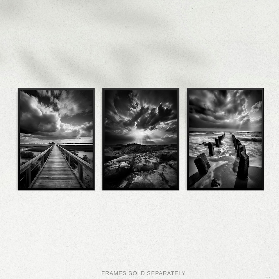 image 1 of Set of 3 Clouds Black White Photographs Dramatic Coastal Landscapes Wall Art Print A4