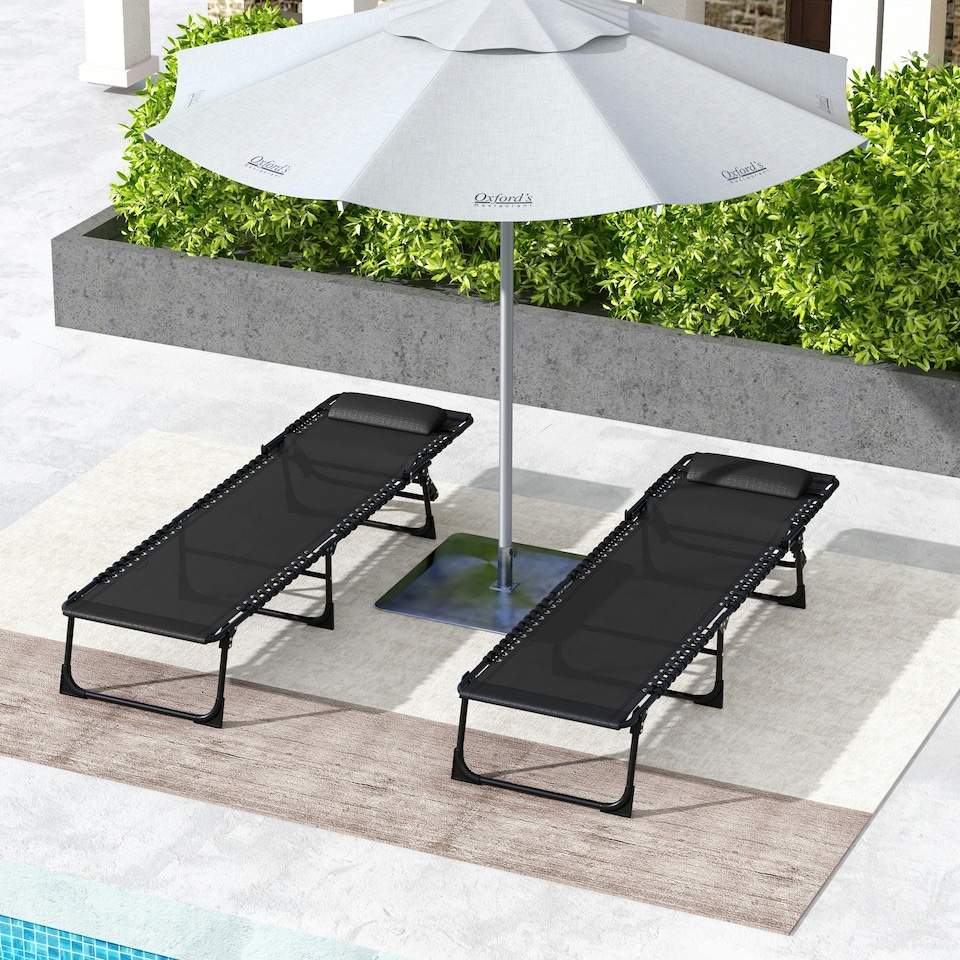 image 1 of Outsunny 2 Pcs Folding Beach Chair Chaise Lounge 4 Adjustable Positions, Black
