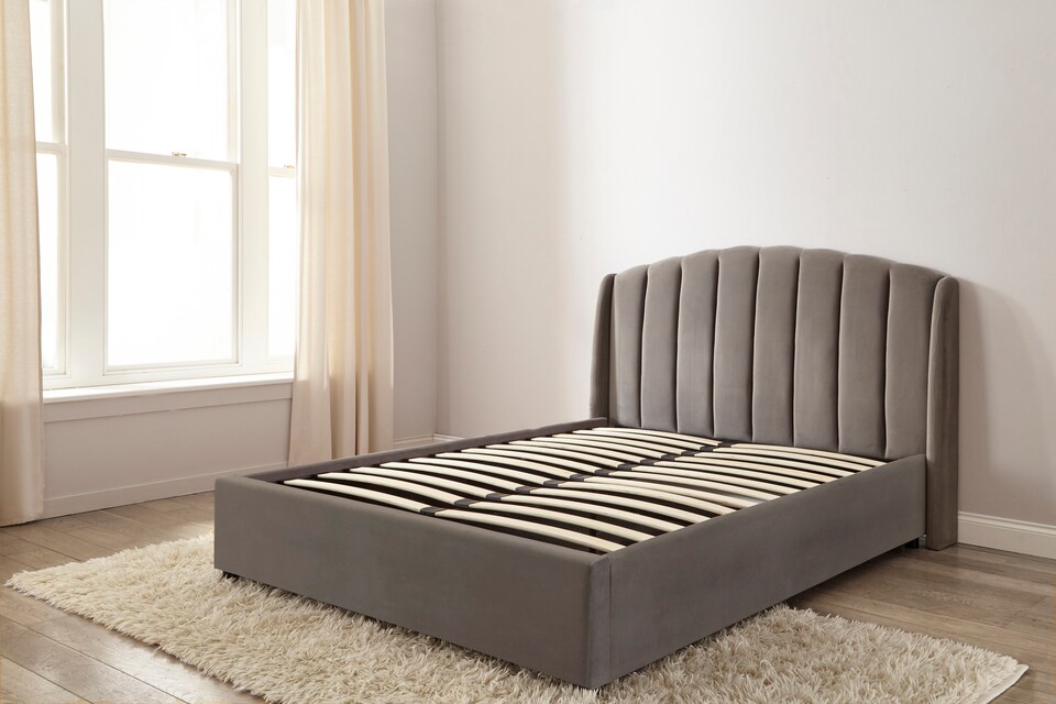 image 1 of Aurelia Winged Grey Upholstered Ottoman Bed Frame | Grey | King