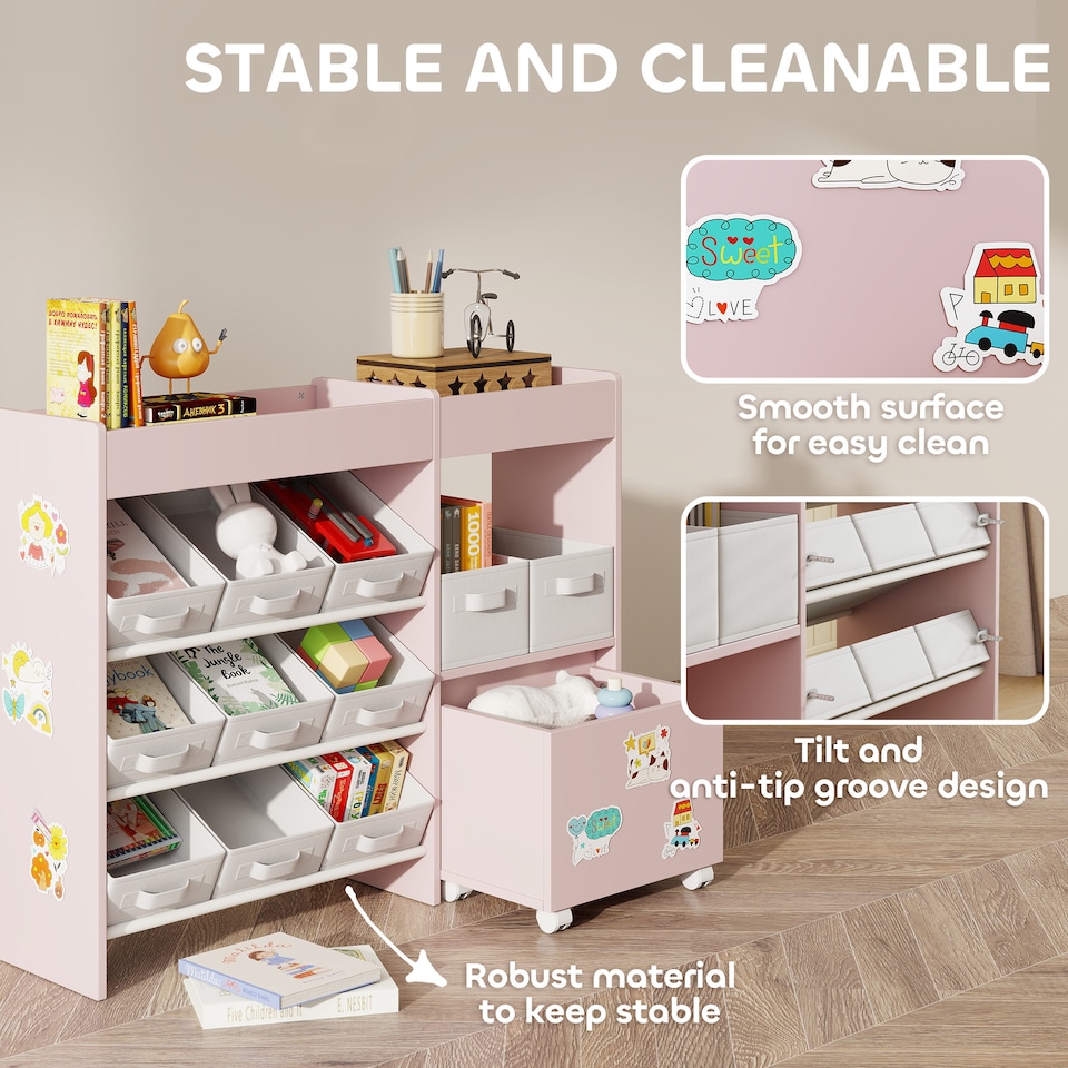 image 1 of AIYAPLAY Kids Toy Storage Unit, Children Toy Box Organiser with 11 Fabric Bins, Cabinet, Top Shelves, 3 Stickers, Kids Storage Unit Bookshelf for Nursery, Playroom, Kindergarten | Pink