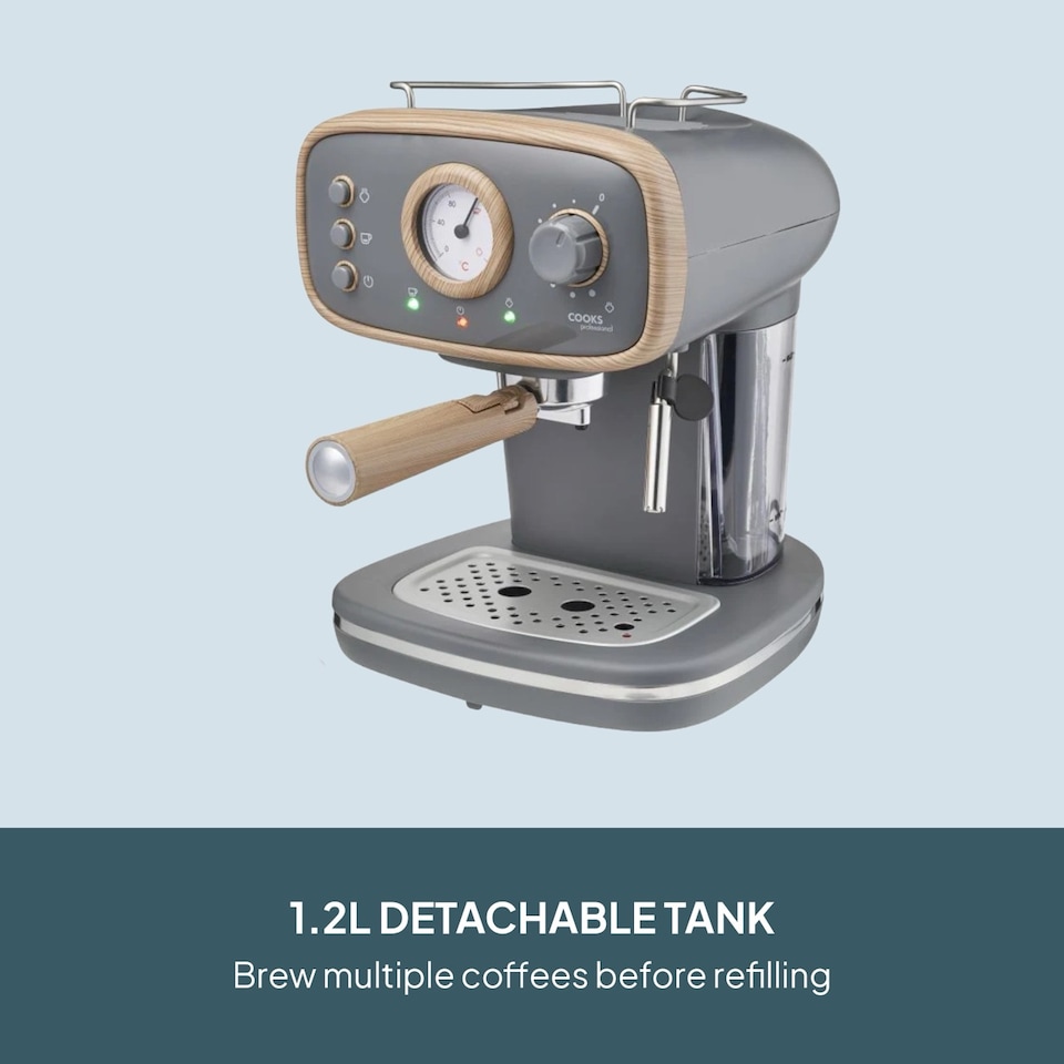 image 1 of Cooks Professional 15-Bar Retro Espresso Coffee Machine 1.2L with Frothing Steam Wand | Grey | Nordic Grey