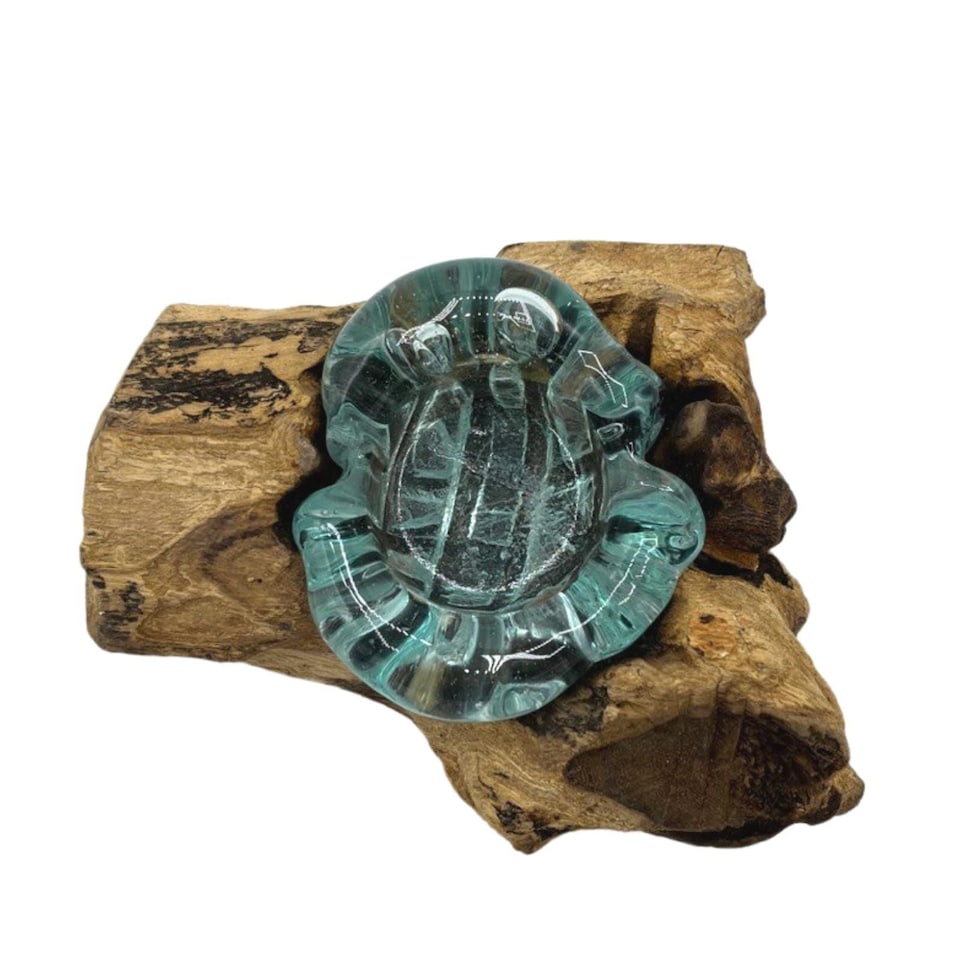 image 1 of Serenityy Molten Glass Single Candle Holder on Wood - Teal Glass, Natural Wood Base