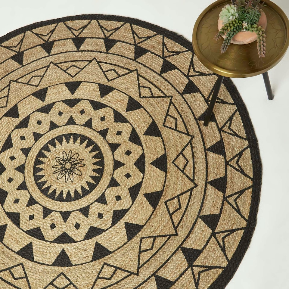 image 1 of Homescapes Natural and Black Mandala Braided Jute Rug - 200 cm Round Black | 200 cm Round