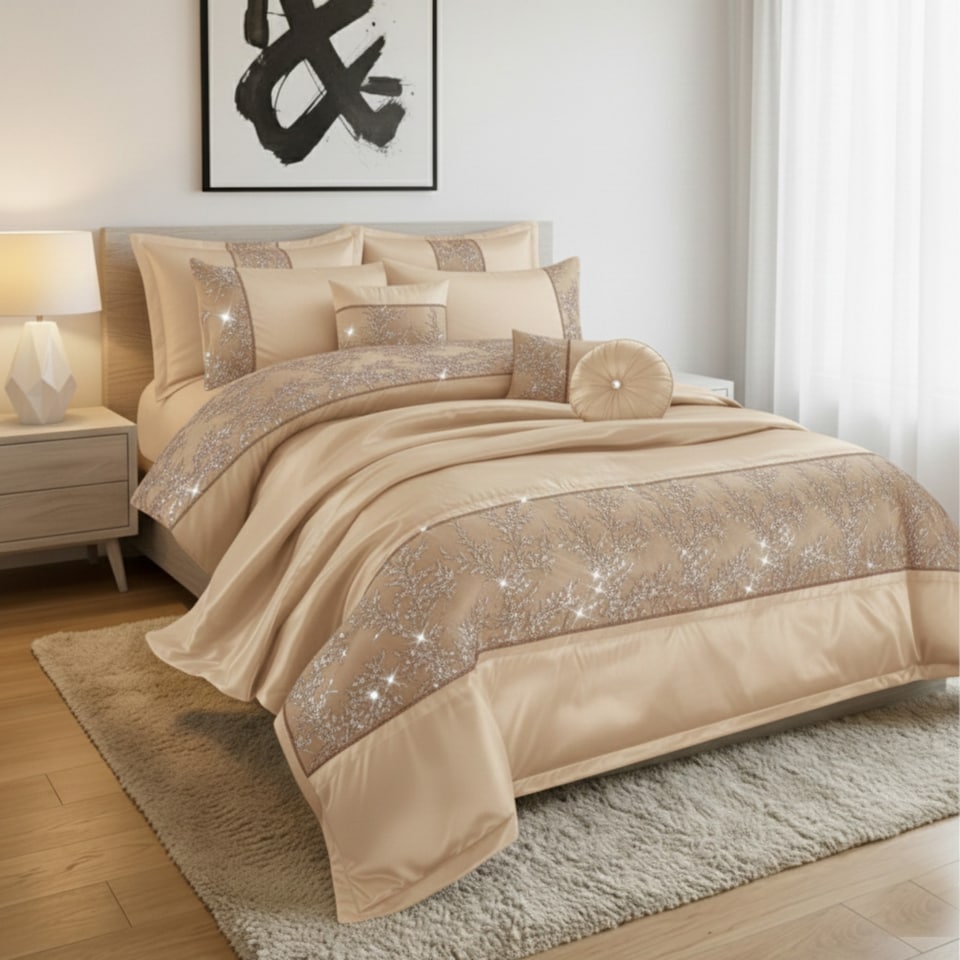 image 1 of Embroidered Duvet Cover Set Luxury Bedding with Matching Accessories | Brown | Mink | One Size