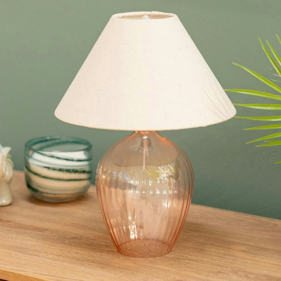 image 1 of ValueLights Olivet Pair of Blush Pink Glass Table Lamps with Fabric Tapered Lampshade Bedside Light