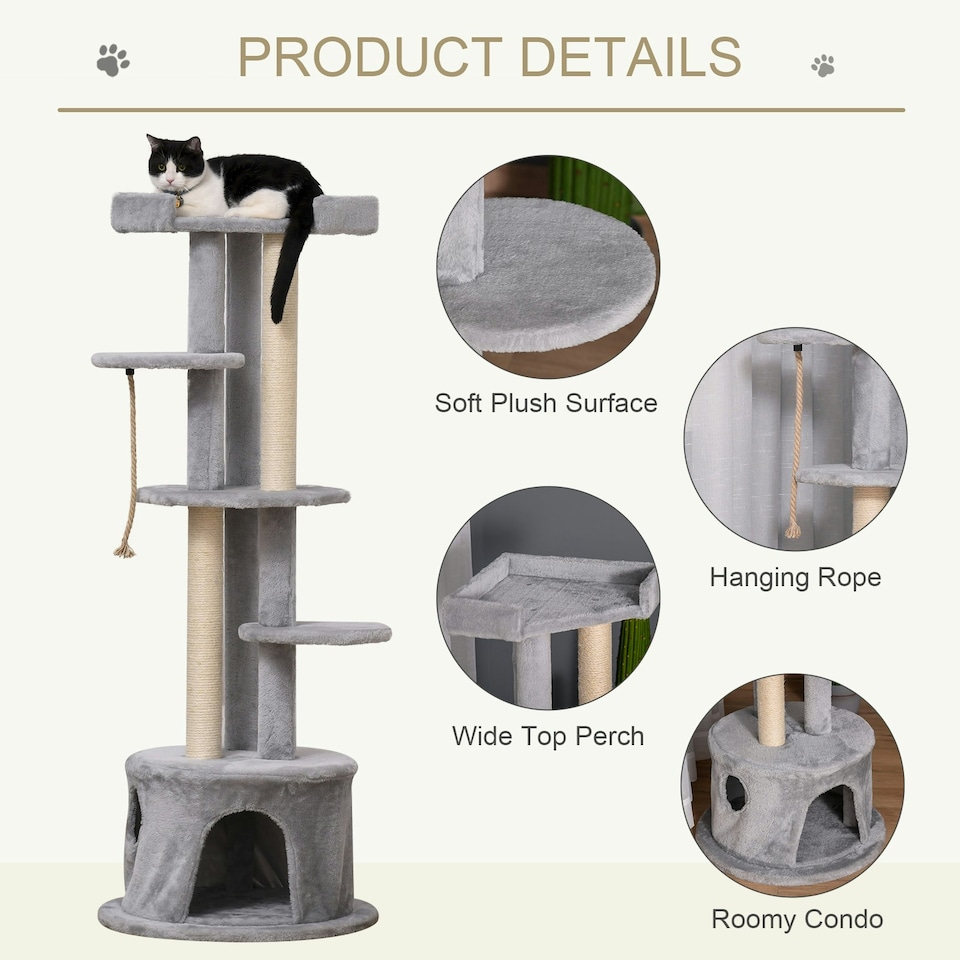 image 1 of PawHut Multi-level Cat Tree Tower with Condo Scratching Post, 150cm, Grey