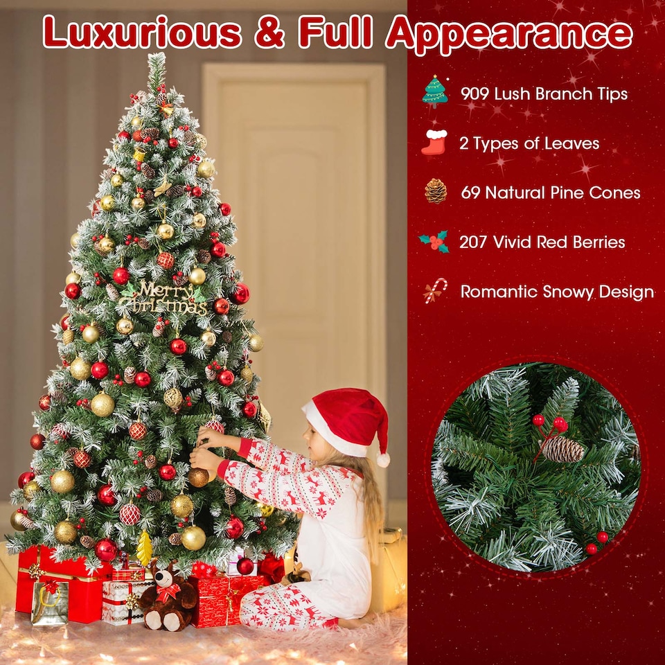 image 1 of COSTWAY 6.5FT Pre-lit Christmas Tree Artificial Hinged Xmas Tree with 909 Branch Tips