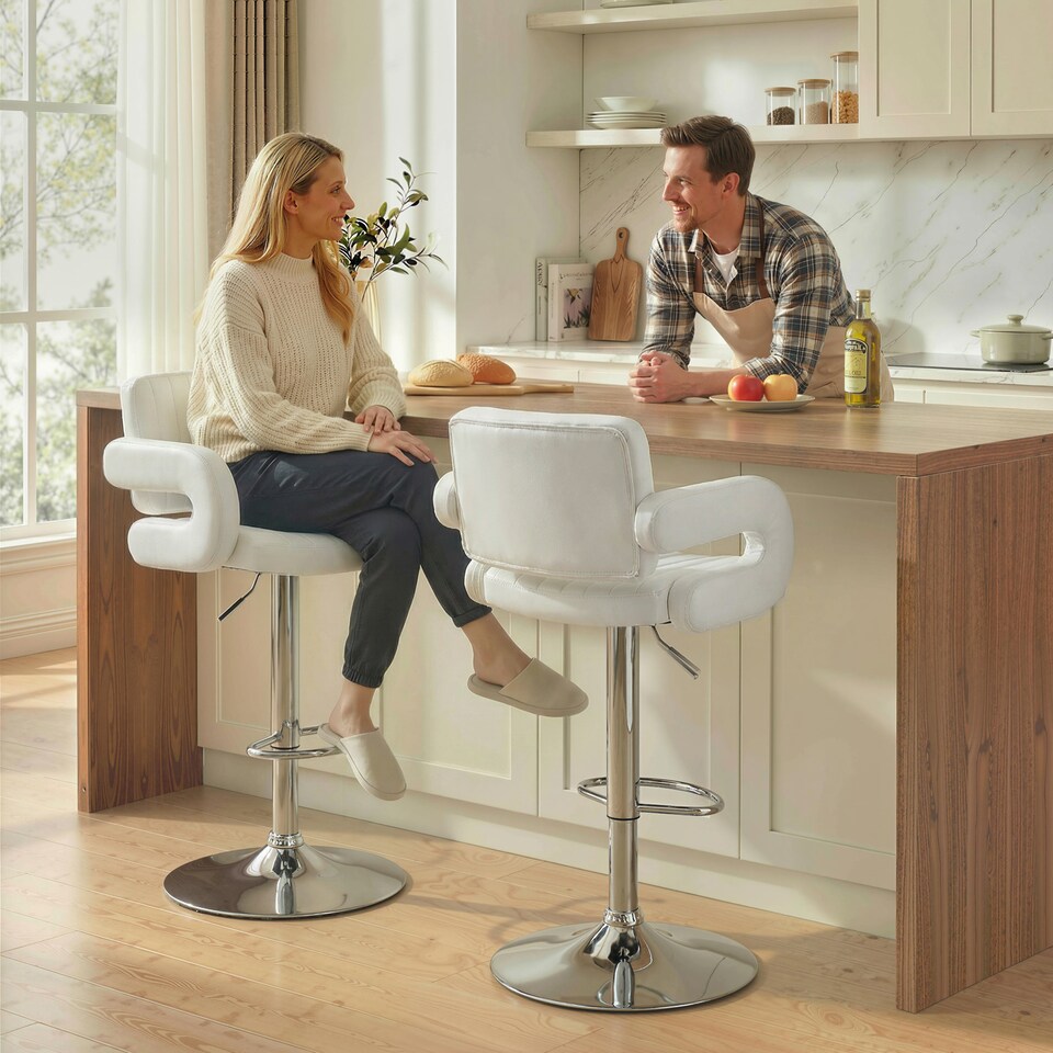image 1 of HOMCOM Bar Stools Adjustable Swivel with Armrest Set of 2 | White | White, Silver Tone | 57.5 x 50 x 90-115 cm