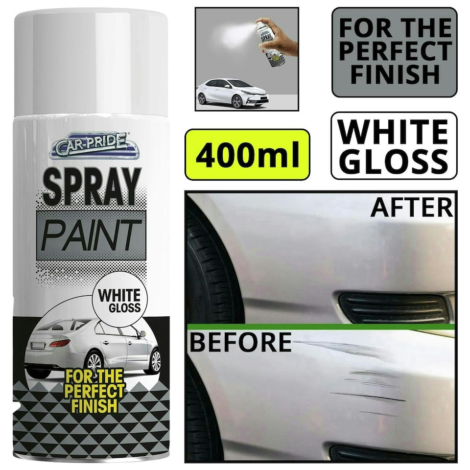 image 1 of Car Pride White Gloss Aerosol Spray Paint High Shine Fast Dry Scratch 400ml White