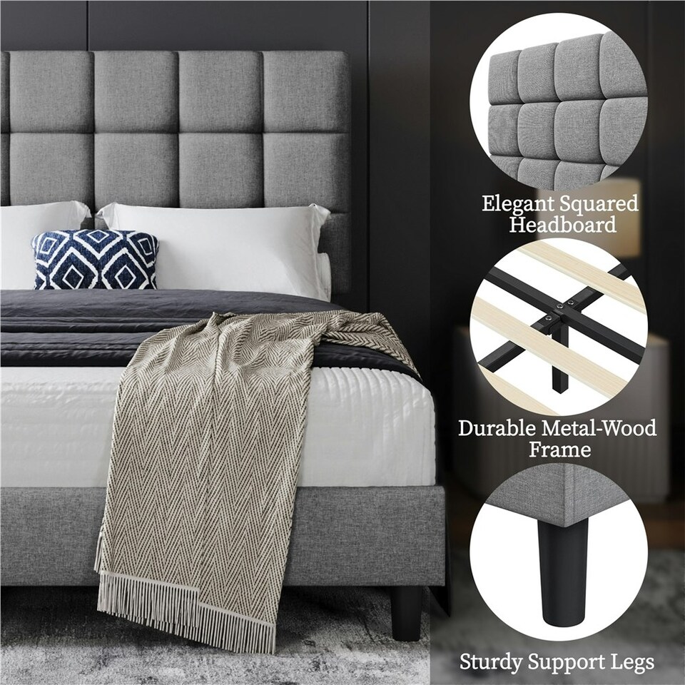 image 1 of Yaheetech 135 cm W x 190 cm L Upholstered Bed Frame Light Grey