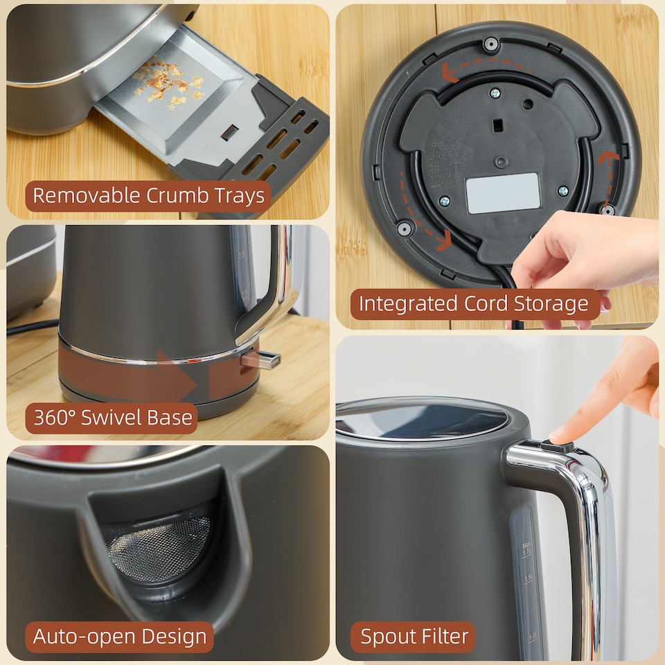 image 1 of HOMCOM Kettle and Toaster Set, 1.7L 3000W Fast Boil Kettle & 2 Slice Toaster Kitchen Set with 6 Level Browning Controls, Defrost, Reheat, Grey