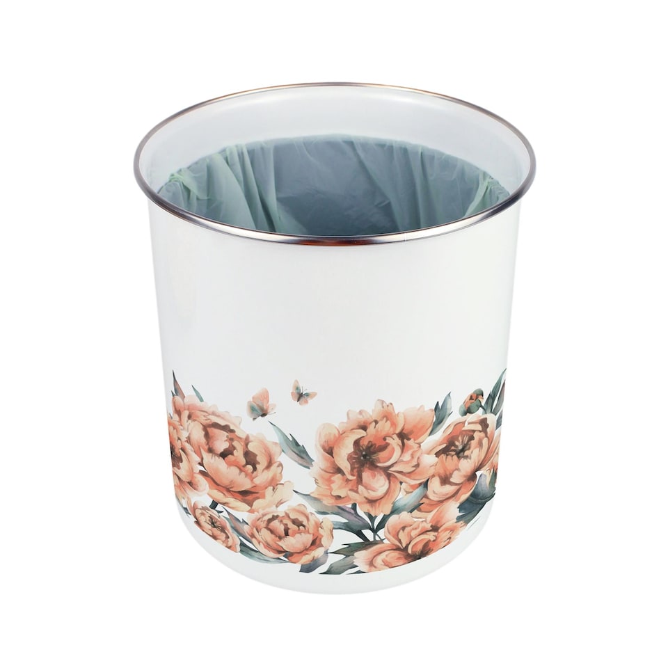 image 1 of Peach Peonies Food Waste Caddy - Metal 2L Decorative Kitchen Compost Bin