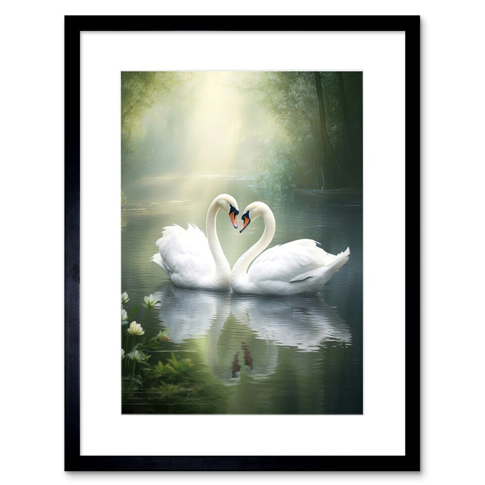 image 1 of Elegant Love Heart Swans Love Romance 9x7" Black Framed Wall Art Print