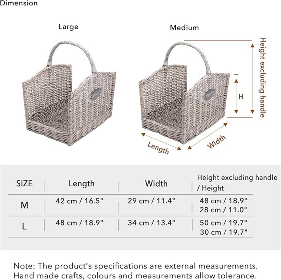 image 1 of Wickerfield Wicker Log Basket, Grey Firewood Basket With Handle, Rustic Fireside Wood Storage Basket For Fireplace, Wood Burner And Kindling (Set (L+M))