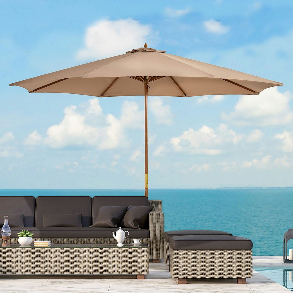 image 1 of Outsunny 3(m) Wooden Garden Parasol Sun Shade Outdoor Umbrella Khaki
