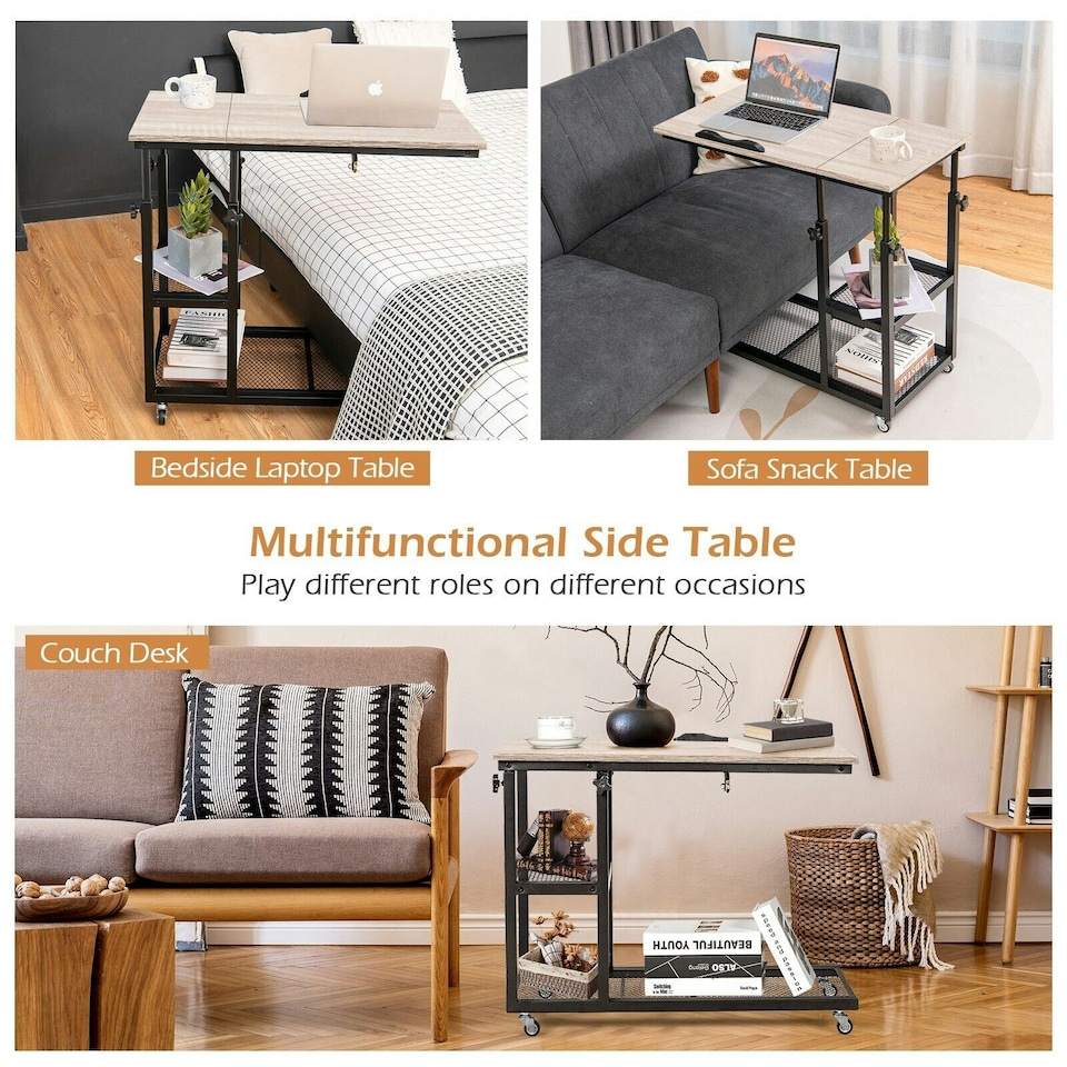 image 1 of COSTWAY Industrial Sofa Side Table Height Adjustable Rolling Natural Yellow