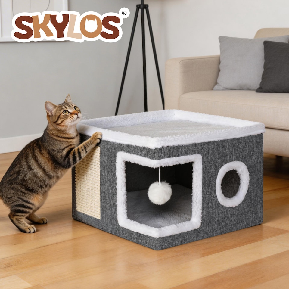 image 1 of Skylos Cat House Indoor Cat Cave with Scratch Pad Fluffy Ball Cat Bed Pet House