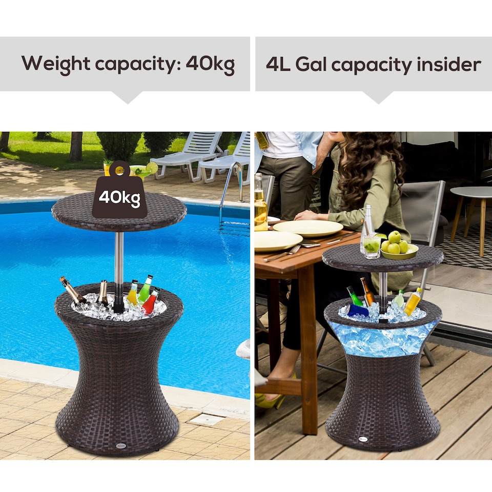 image 1 of Outsunny PE Rattan Ice Bucket Table, Height Adjustable Liftable Outdoor Drinks Cooler, 52 cm Round Garden Beer Cocktail Table with Lid for Bar, Patio, Terrace, Brown