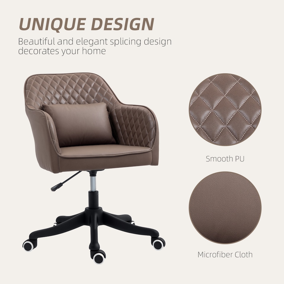 image 1 of Vinsetto Microfiber Office Chair, Desk Chair, Makeup Vanity Chair with Massage Lumbar Pillow and Rolling Wheels for Bedroom and Home, Brown