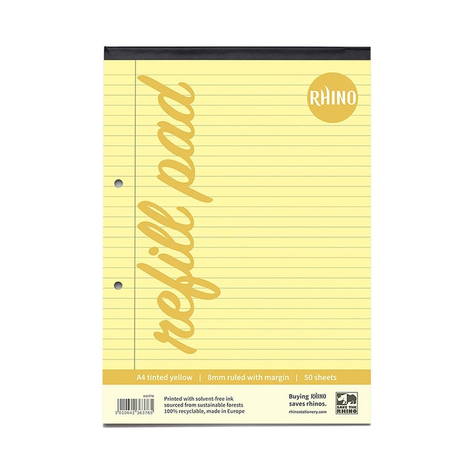 image 1 of Pack of 6 Rhino A4 Yellow Paper 100 Page 8mm Lined with Margin Refill Pads