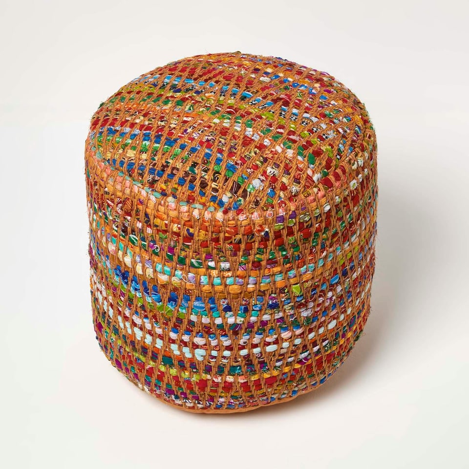 image 1 of Homescapes Red and Multi-Colour Chindi Design Circular Bean Filled Pouffe | Multi | 45 x 40 cm