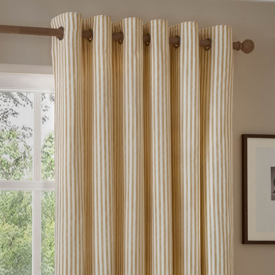 image 1 of Hebden Striped Cotton Eyelet Curtain Pair, 168 x 137cm, Honey Yellow | Yellow | Honey Yellow