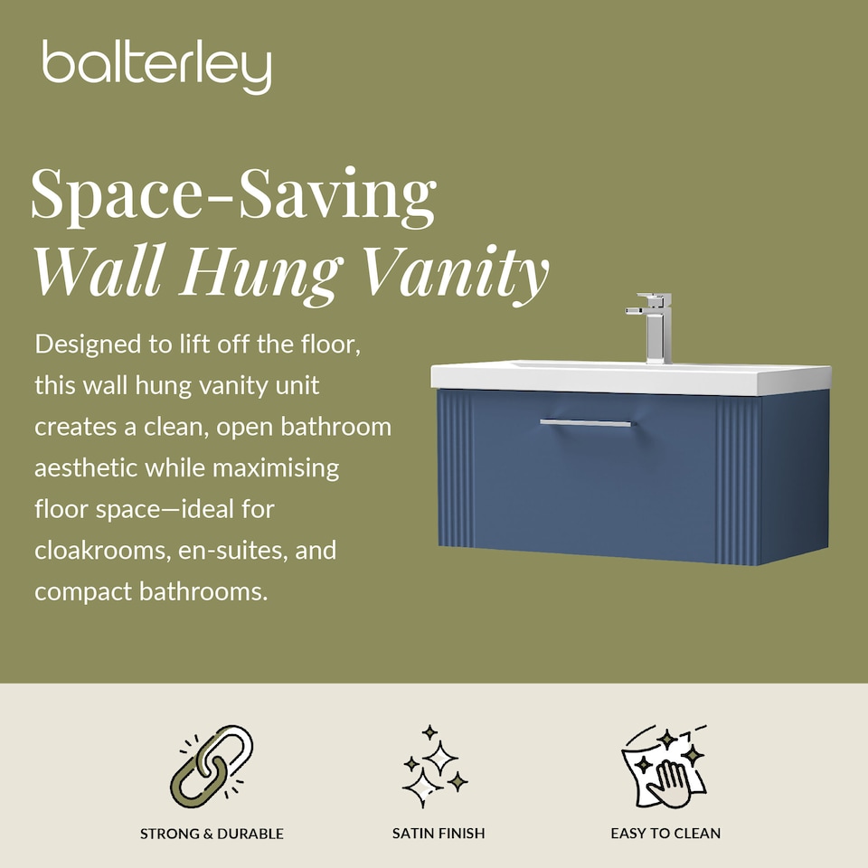 image 1 of Balterley Partial Fluted 1 Drawer Wall Hung Vanity Unit with Mid-Edge 1 Tap Hole Ceramic Basin | Blue | Satin Blue