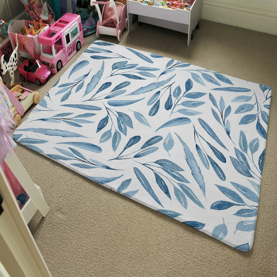 image 1 of Watercolour blue branches with leaves (Rug) White | XL: 160x230cm