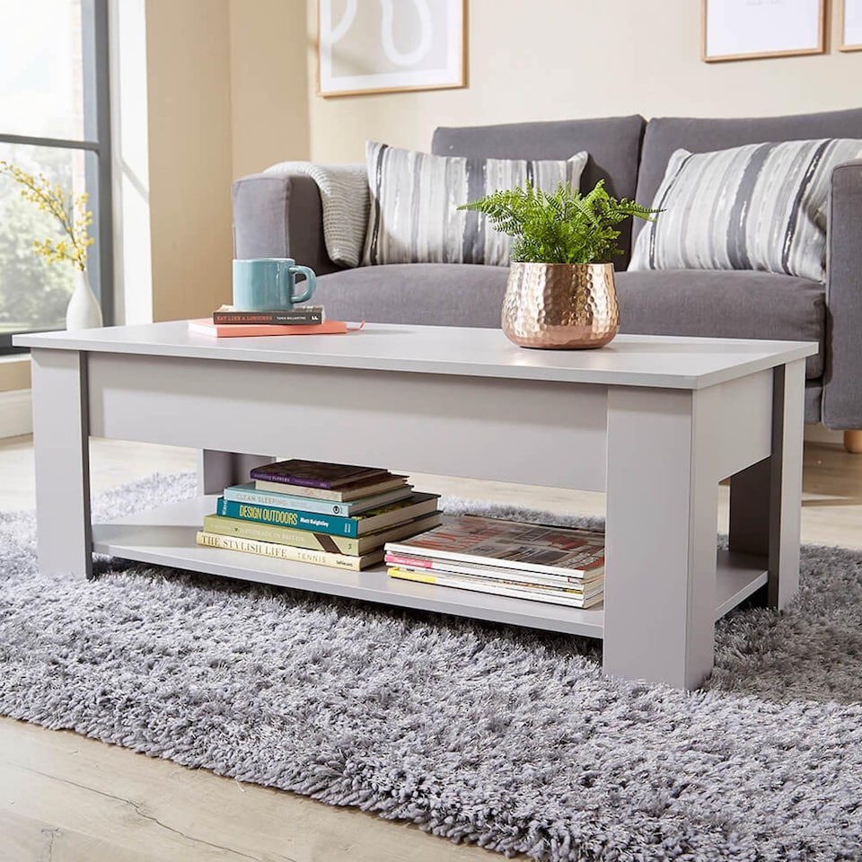 image 1 of Wooden Coffee Table With Lift Up Top Storage Area and Magazine Shelf | Grey