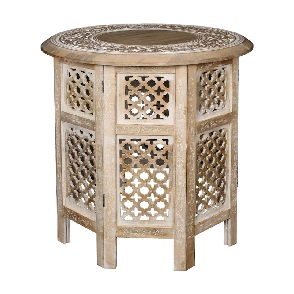 image 1 of Antique Effect Round Carved Wooden Bedside Lamp Table Side End Coffee Table Extra Large 54 x 54 x 54 cm | Yellow | Beige