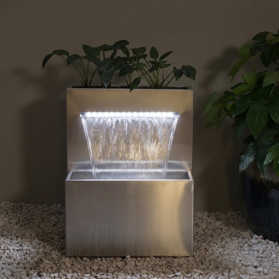 image 1 of Planter & Waterfall Cascade Silver Stainless Steel Outdoor Water Feature with Lights H89cm