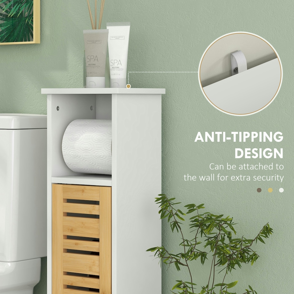 image 1 of HOMCOM Bathroom Cabinet, Slim Bathroom Unit with Adjustable Shelf, White White | Natural bamboo