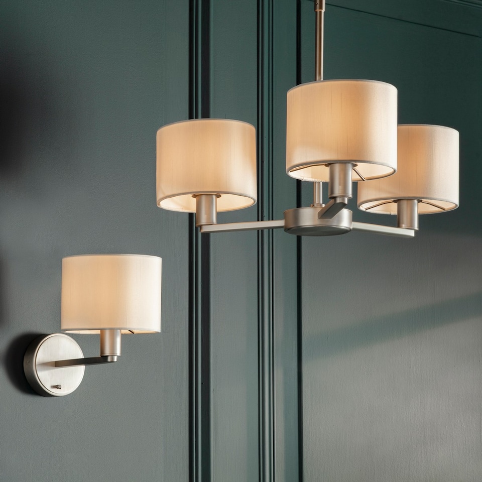 image 1 of Daley 3 Light Multi Arm Ceiling Pendant Matt Nickel, Triple Shade Vintage White Silk Effect, E14