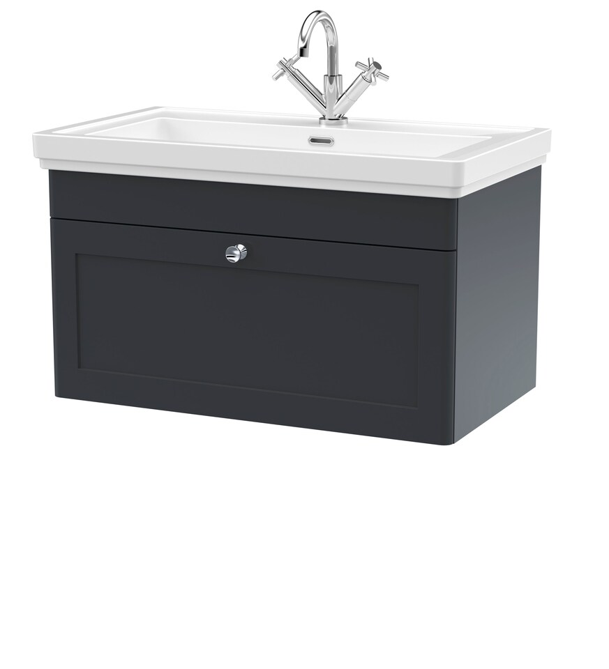 image 1 of Bathroom Wall Hung 1-Drawer Vanity Unit & Fireclay Basin, Grey, 800mm | Grey | Dark Grey | 470 x 830 x 496mm