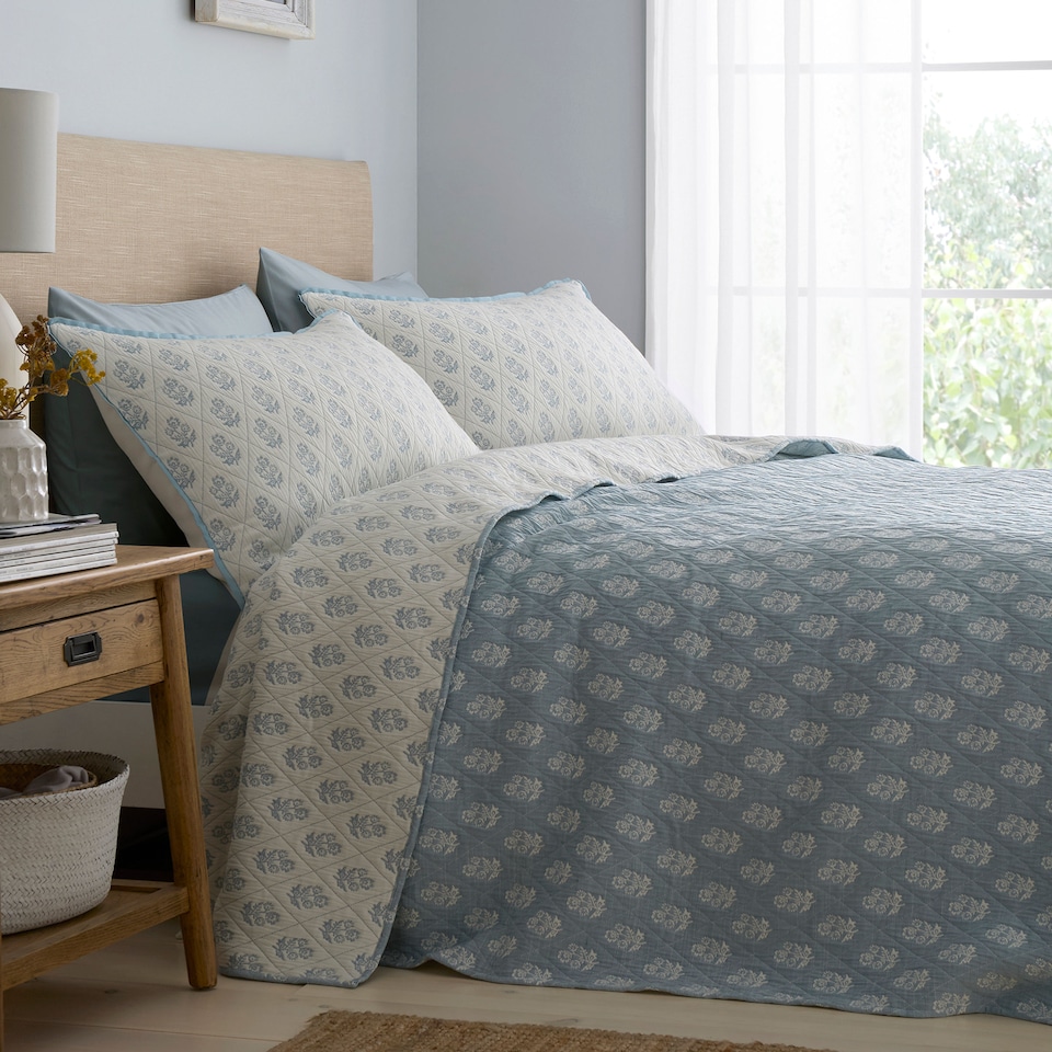 image 1 of D & D Block Floral Bedspread Blue