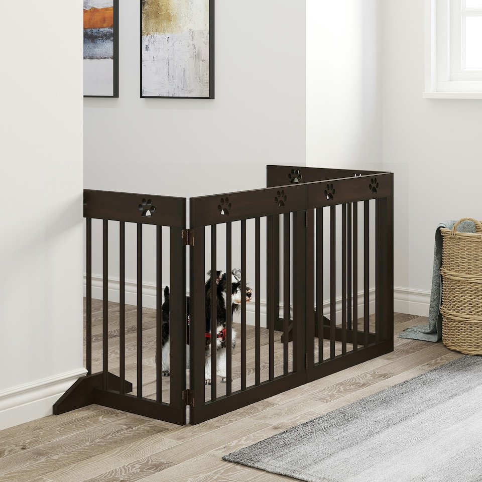 image 1 of PawHut Pet Gate 4 Panel Wooden Dog Barrier Folding Fence w/ Support Feet