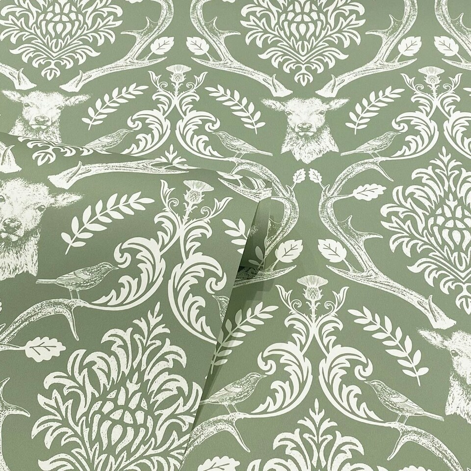 image 1 of Arthouse Stag Damask Wallpaper - Sage Green - 10m x 0.5m Green