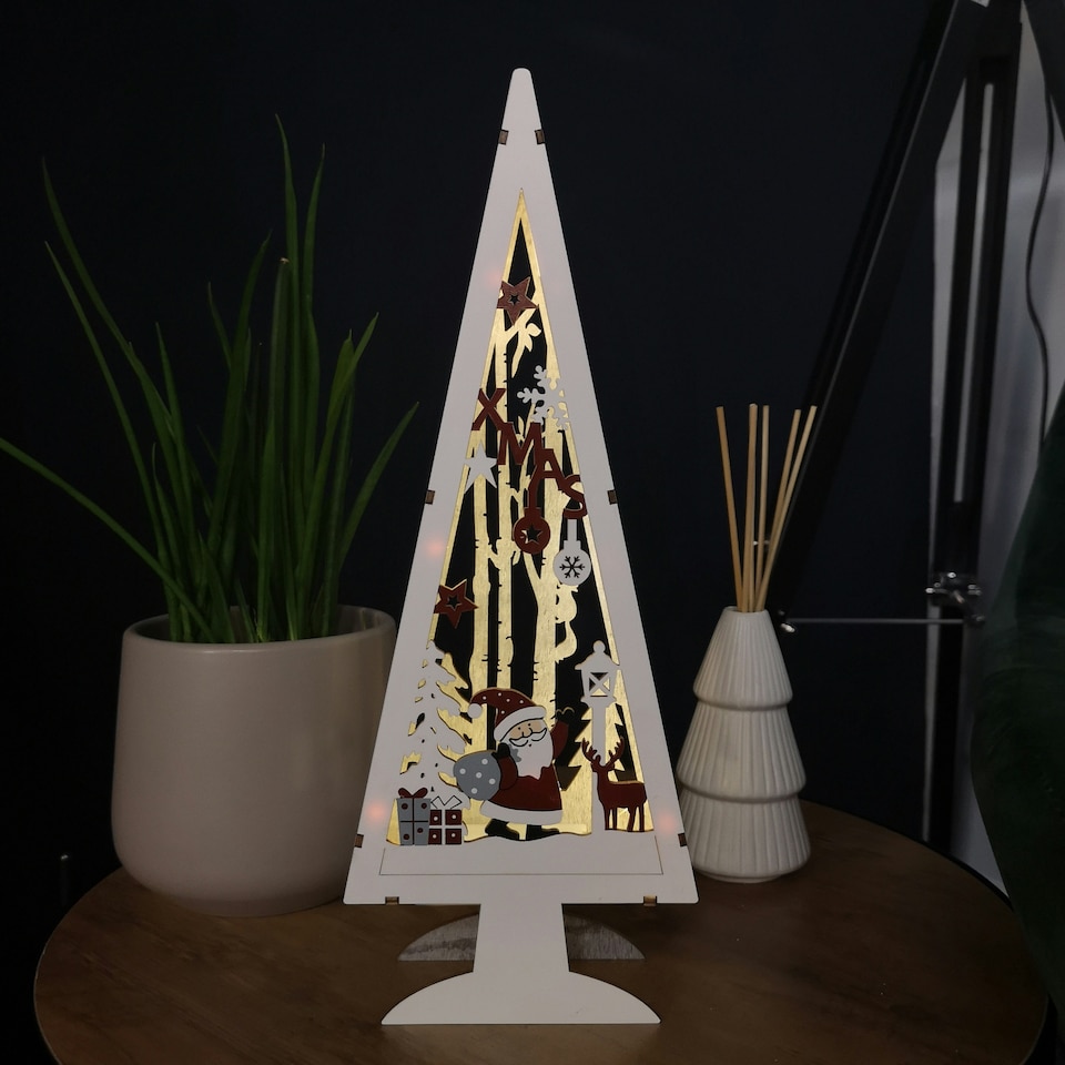 image 1 of 35cm Battery Operated Wooden Lit Tree with Santa Scene Christmas Decoration