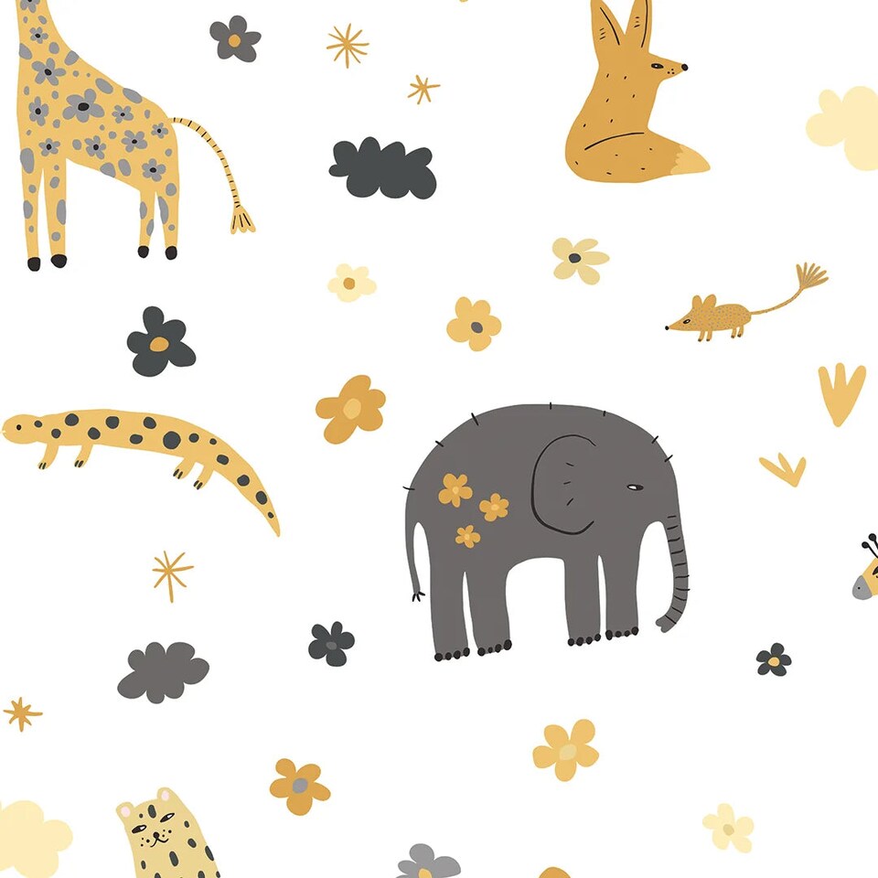 image 1 of Animal Kingdom Wallpaper in Mustard and Grey | Grey | Mustard and Grey
