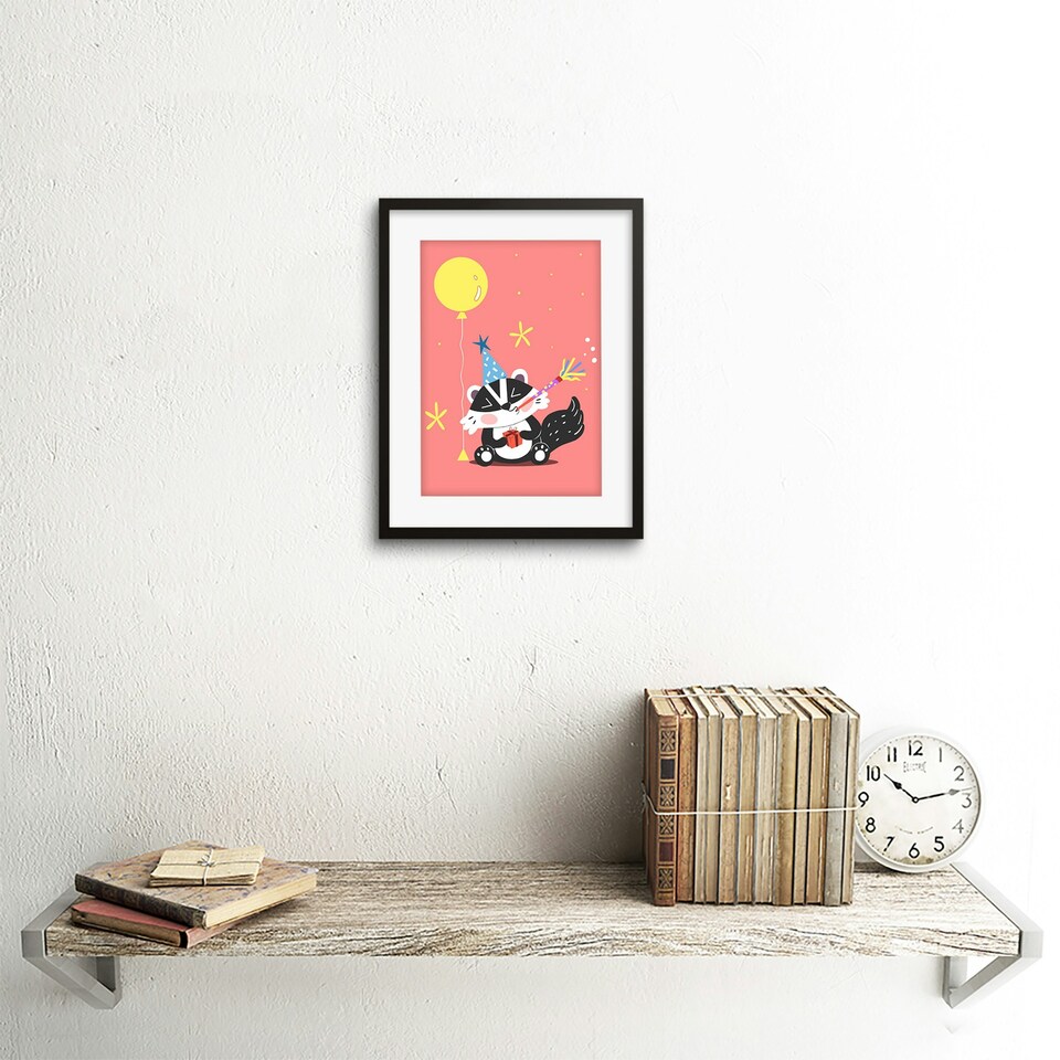 image 1 of Badger Party Hat Balloon Cartoon Kids Bedroom 9x7" Black Framed Wall Art Print