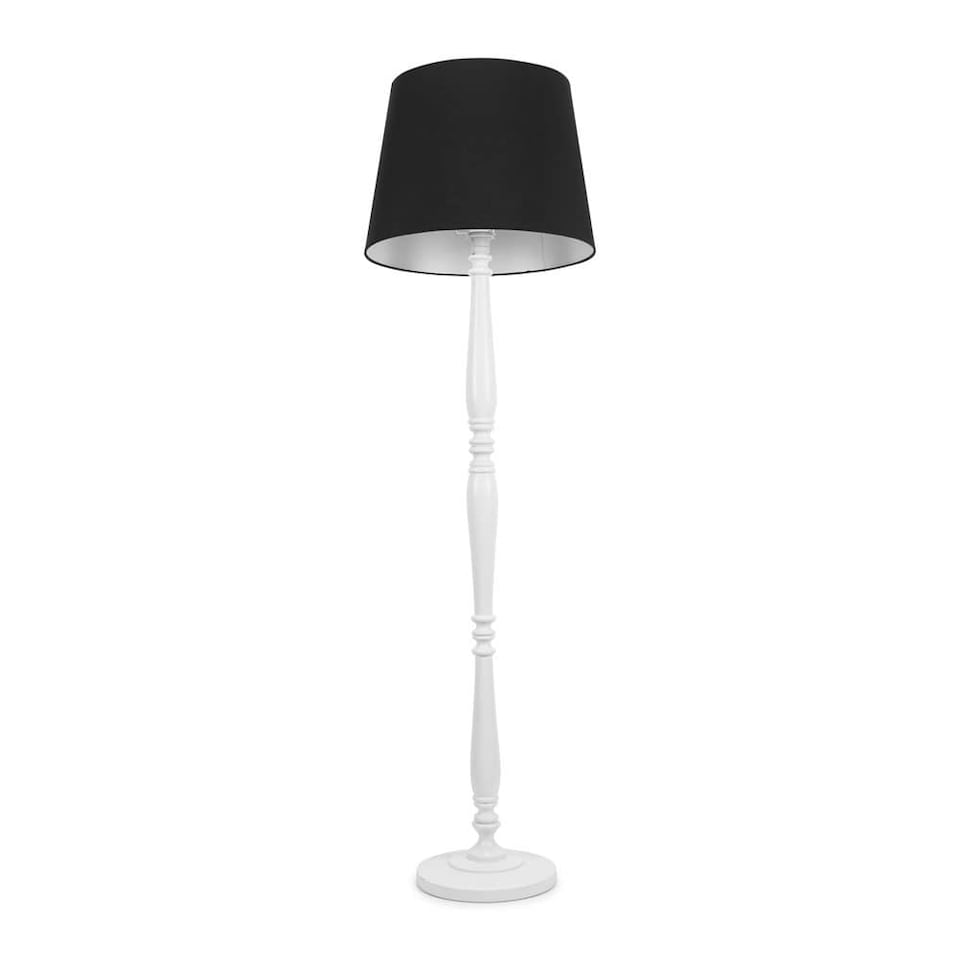image 1 of ValueLights Victoria White Wood Floor Lamp Black Taper Shade and Bulb