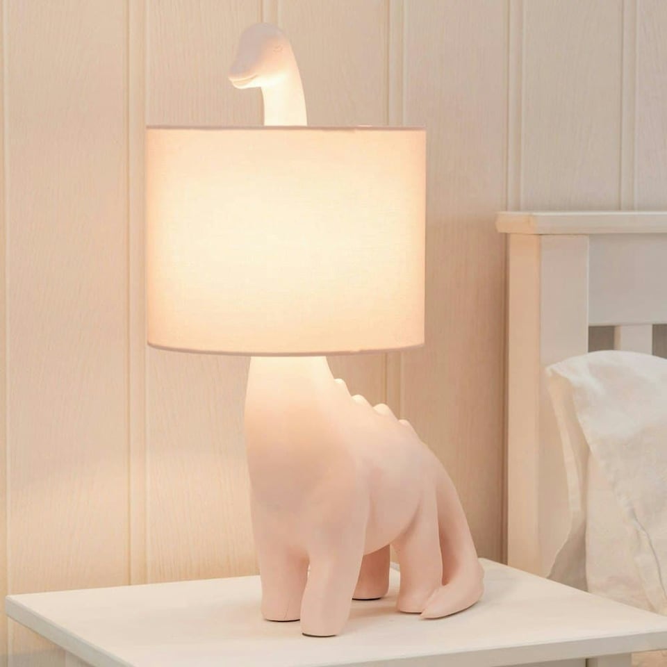 image 1 of ValueLights Kids Pink Dinosaur Bedside Table Lamp with Drum Fabric Shade - Including Bulb