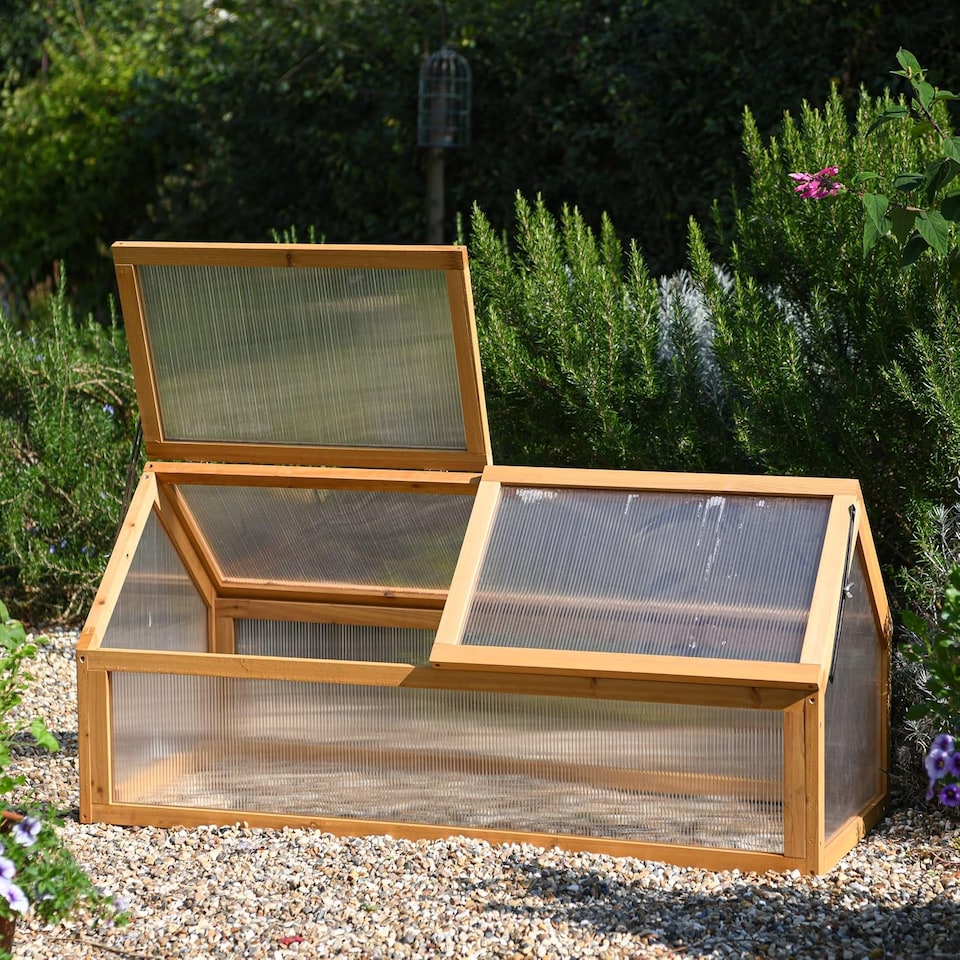 image 1 of Garden Gear Wooden XL Cold Frame Greenhouse, Polycarbonate Panels, Hinged Roof, Weather Protection | Brown | 1