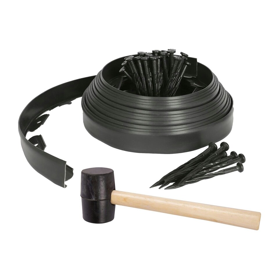 image 1 of Harbour Housewares Flexible Plastic Lawn Edging with 40 Pegs & Mallet - 10m x 4cm - Black Black