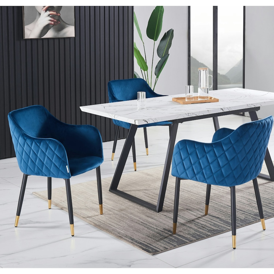 image 1 of Set of 2 Verona Velvet Dining Chairs with Quilted Back & Black Legs - Modern Accent Chair with Silver Foot Tips | Blue