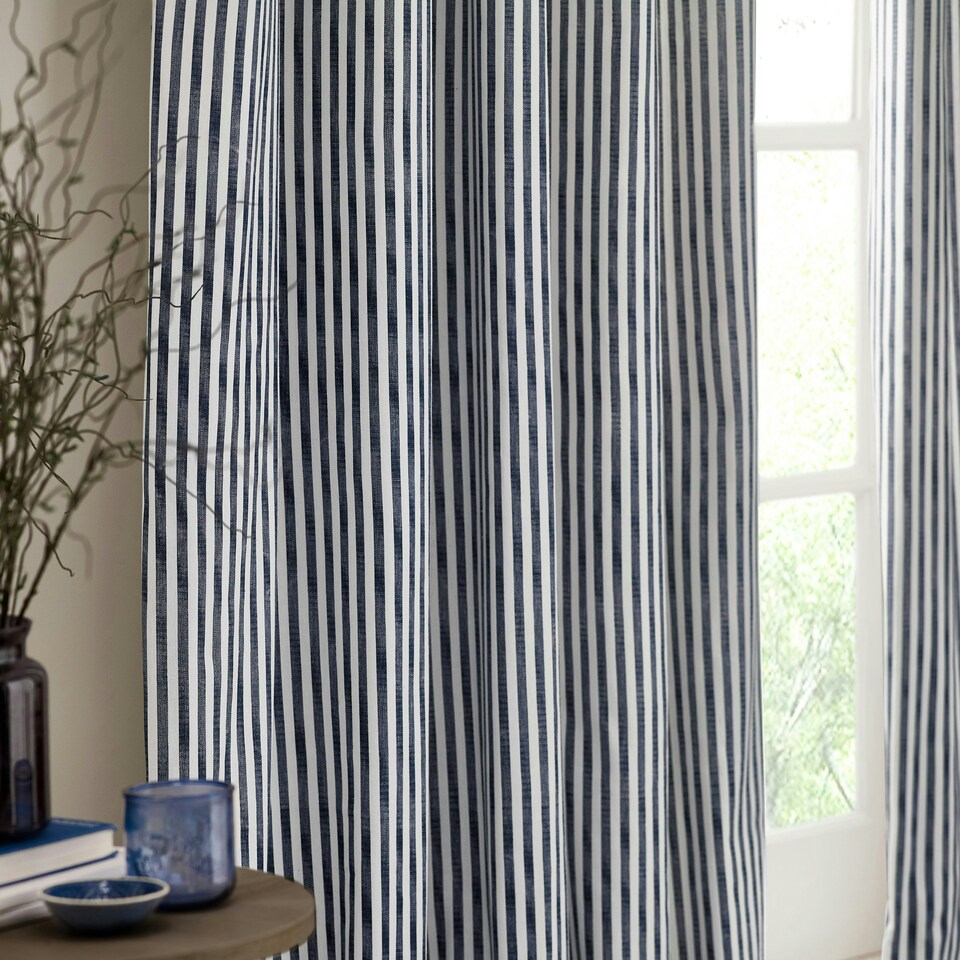 image 1 of Yard Hebden Striped Cotton Navy Pencil Pleat Curtains 117 x 183cm